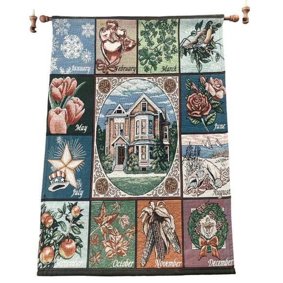 Vintage Woven Tapestry of Seasons Months of the Year & Holidays with Hanging woo - Picture 1 of 10